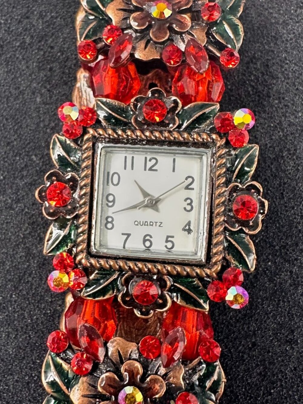 Floral Watch Women Copper Tone Red Rhinestones Stretch Band New Battery